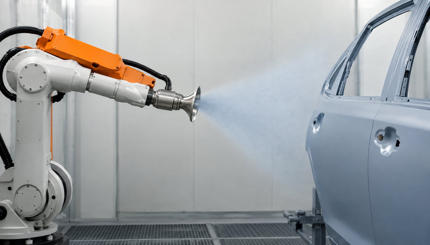 Spray painting of a car body with a robot-mounted rotary atomizer